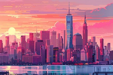 New York City skyline at sunset, with buildings in shades of pink and red, in the style of illustration, vector art style, flat design style, detailed background elements, colorful clouds in the sky