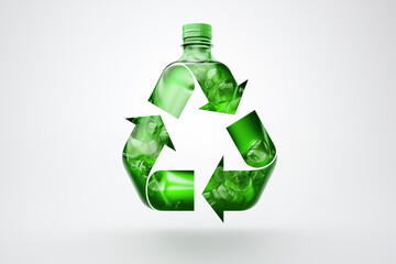 Green plastic bottle encased in recycling symbol. Generative AI image