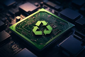 Fototapete Rund Generative AI illustration of green recycling symbol glowing atop a circuit board signifying the importance of electronic waste recycling © ADDICTIVE STOCK CORE