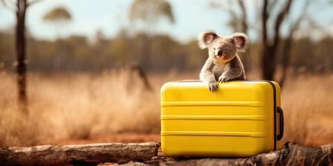 Koala bear sits on a yellow travel suitcase in a hot eucalyptus grove. Vacations and visits to...
