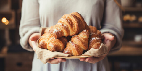 A plate of freshly baked croissants in the hands of a female baker. Crispy morning pastries at the bakery.