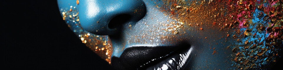 Close-up of a woman's face with blue makeup and gilding on a black background. Golden fashion bodyart.