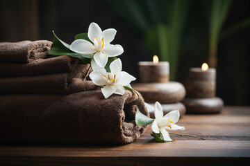 Generative AI image of an elegant spa setting with dark brown towels, white orchids, and candles, suggesting a peaceful wellness retreat