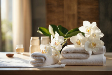 Generative AI image of a warm and inviting spa atmosphere with fluffy towels, orchids, and candles on a wooden surface