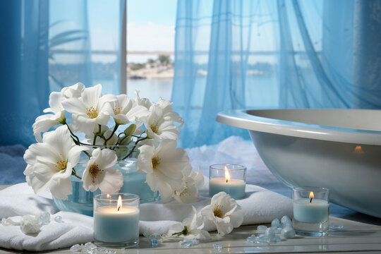 Generative AI image of a luxurious spa setting with white flowers, candles, and a bathtub overlooking a serene waterscape