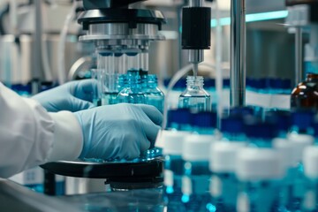 Photo of a closeup shot showing the hands and gloves of an urban laboratory worker working with blue bottles, creating cosmetics in the style of a modern laboratory worker in front of machines