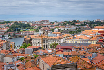 Obraz premium Aerial view with Bolsa Palace in Porto city, Portugal. Vila Nova de Gaia city on background