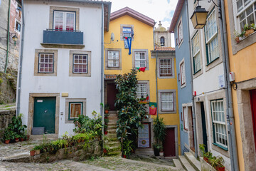 Houses on Largo da Pena Ventosa, small square in historical center of the city of Porto city, Portugal - obrazy, fototapety, plakaty