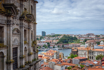 Aerial view with Cricket's Church and Bolsa Palace in Porto city, Portugal. Vila Nova de Gaia city...