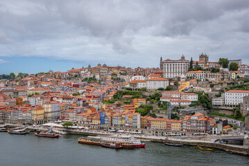 Aerial view of Porto city, Portugal with waterfront area called Ribeira and Episcopal Palace - obrazy, fototapety, plakaty