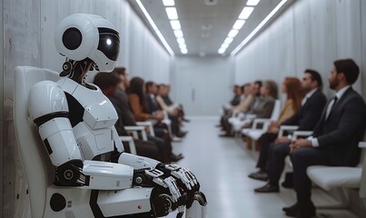 People and AI robot waiting for a job interview: AI vs human competition