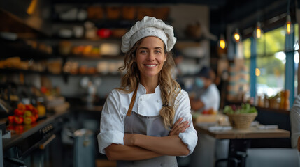 Smiling mature female chef in restaurant woman and owned business concept. AI Generated - Powered by Adobe