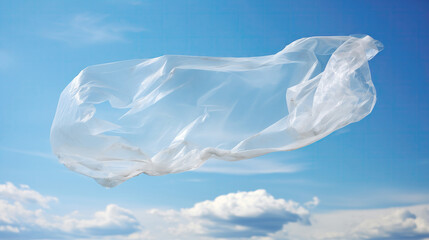 Plastic bag floating against a clear blue sky. Generative AI image