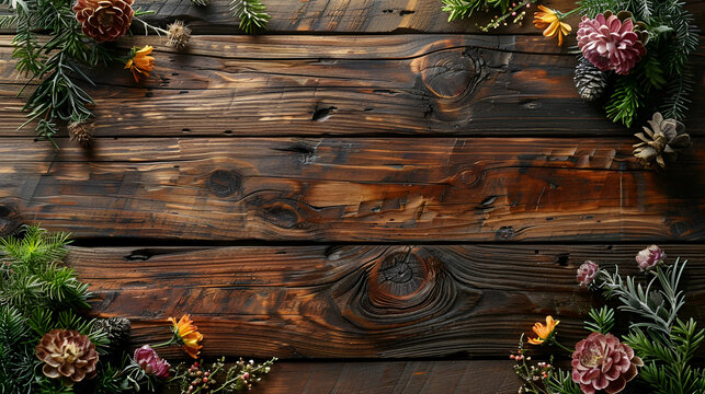 Holiday Wooden Background with Festive Decorations, Rustic Celebration and Cozy Atmosphere Style, Seasonal Decor Concept, great for holiday-themed visuals and DIY crafting blogs