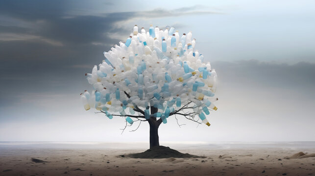 Plastic bottle tree as a statement on pollution Generative AI image