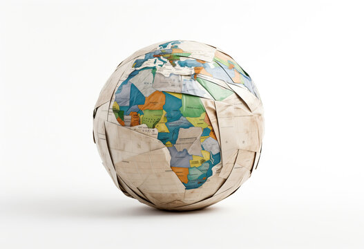 Upcycled paper globe on white background. Generative AI image