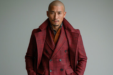 Portrait of fashionable asian mature male model wearing designer clothing, posing over light gray background. Fashion magazine style. Close up. Studio shot