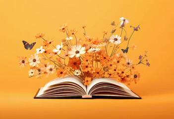 Obraz premium Generative AI illustration of open book with a burst of orange and white flowers sprouting from its pages, accompanied by a fluttering butterfly, against a vibrant orange background