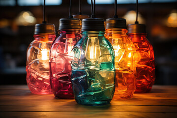 Upcycled colorful plastic bottle lights illuminating dark. Generative AI image