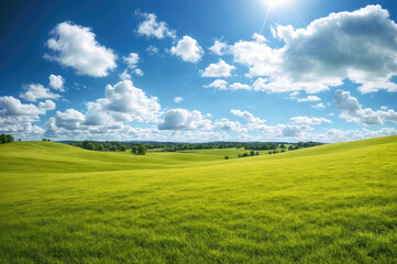 Obraz premium Generative AI image of a vibrant green rolling hills landscape under a bright blue sky with fluffy clouds