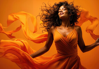 Elegant woman in flowing orange dress on orange backdrop. Generative AI image