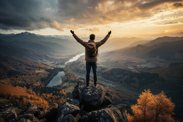 Man embracing nature on a mountain peak at sunset. Generative AI image - obrazy, fototapety, plakaty
