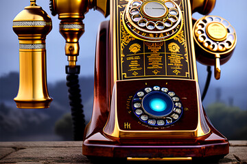 Black gold antique vintage telephone, Generative Ai,