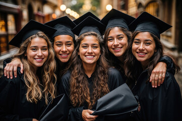 Obraz premium Generative AI illustration of five smiling female graduates in black gowns and caps embracing each other at a graduation ceremony