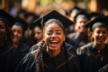 Generative AI illustration of joyful young black woman in cap and gown laughing, with a crowd of graduates in the background