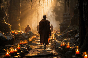 Monk walking through candlelit forest path at dusk Generative AI image