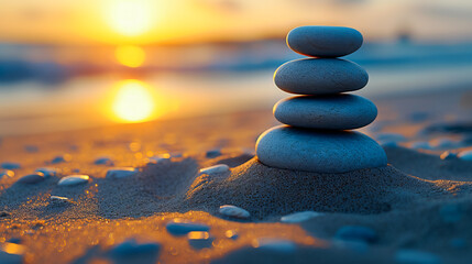 Obraz na płótnie Canvas Stone Stacks for Relaxation. Meditative Zen. Stone Tower Amidst the Waves