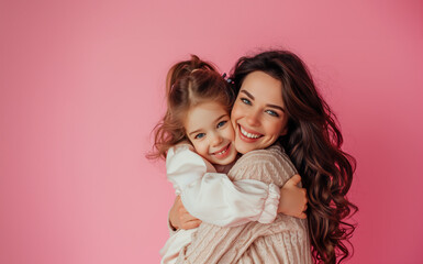 AI Generated Image Happy young mother and daughter hugging on a pink background Mother’s Day concept