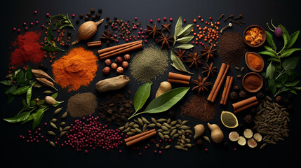 A collection of spices and herbs. Generative AI. --ar 16:9 --v 5.2 Job ID: 7d6de73f-bb3d-491b-bb56-990390eeaa8a