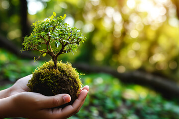 AI Generated Image Hands holding young plant in sunshine and green nature Earth Day and Environmental concept - Powered by Adobe
