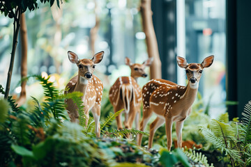 Fototapeta premium AI Generated Image Wild deer walking in a modern city with plenty of plants and trees