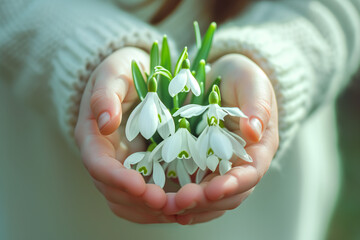 Naklejka premium AI Generated Image Human hands holding white congratulating snowdrops Women’s Day concept