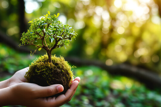 AI Generated Image Hands holding young plant in sunshine and green nature Earth Day and Environmental concept