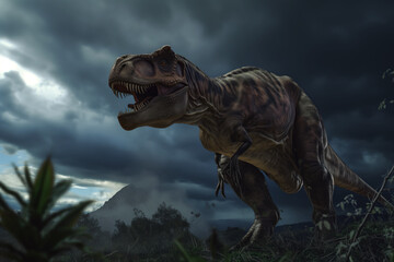 AI Generated Image. Tyrannosaurus rex hunting in nature