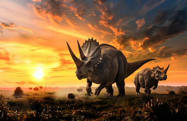 AI Generated Image. Triceratops family in nature