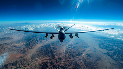 Naklejka premium Military Drone over Desolate Landscape