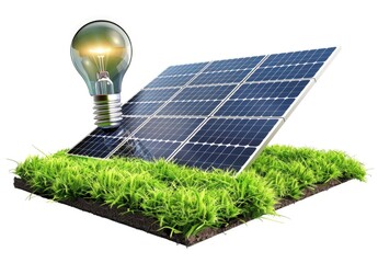 Light bulb with solar panel and green grass, concept of renewable energy, green energy, solar energy.