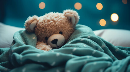 A cute teddy bear relaxing in a bed with blankets, teal background 