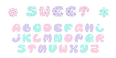 Halftone retro font set. Cute y2k alphabet letters. 