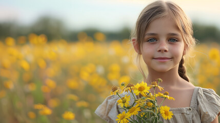 Niña en un campo de flores amarillas sujetando un ramo de flores - obrazy, fototapety, plakaty