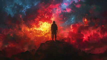Man Against a Celestial Inferno, Solitude and the Cosmos Concept, Contemplative Mood and Universal Wonder Theme, Suitable for Philosophical and Inspirational Content, copy space