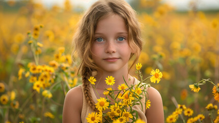 Niña en un campo de flores amarillas sujetando un ramo de flores - obrazy, fototapety, plakaty