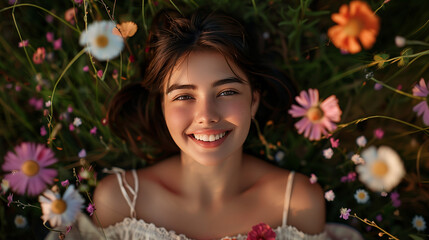 Retrato de una chica joven tumbada en el jardín entre flores - obrazy, fototapety, plakaty
