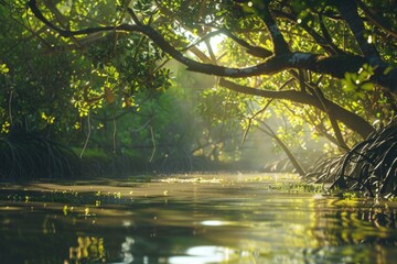 Landscape with mangrove vegetation with trees and river.