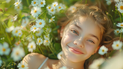Retrato de una chica joven tumbada en el jardín entre flores