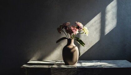Vaso scuro di fiori su sfondo scuro orizzontale generato con ai